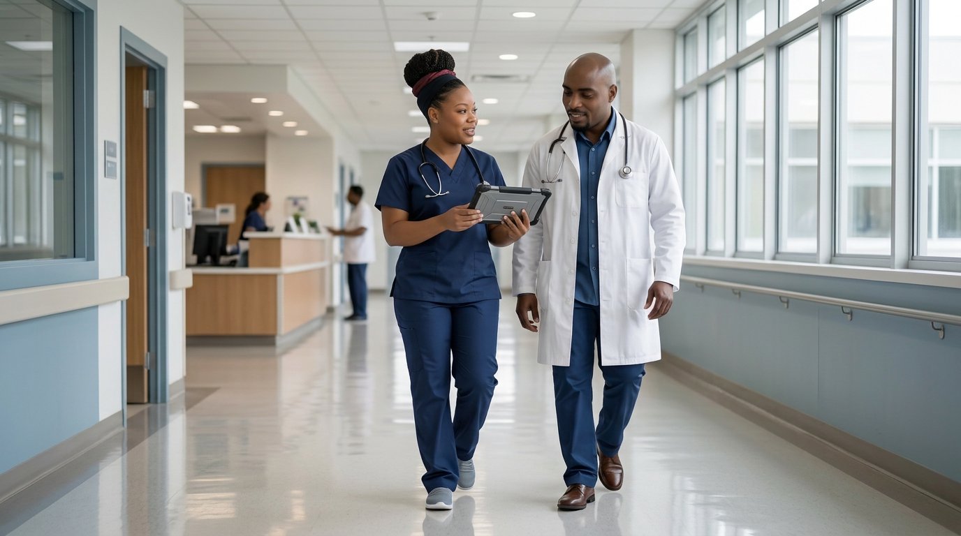 Joel Nual, RN and Nurse Dasha Nual, LPN reviewing a chart on hospital rounds