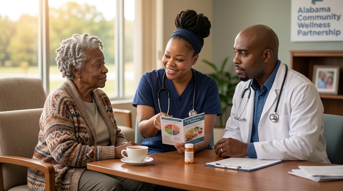 Nurse Dasha Nual, LPN and Joel Nual, RN sitting with a senior client reviewing a wellness guide
